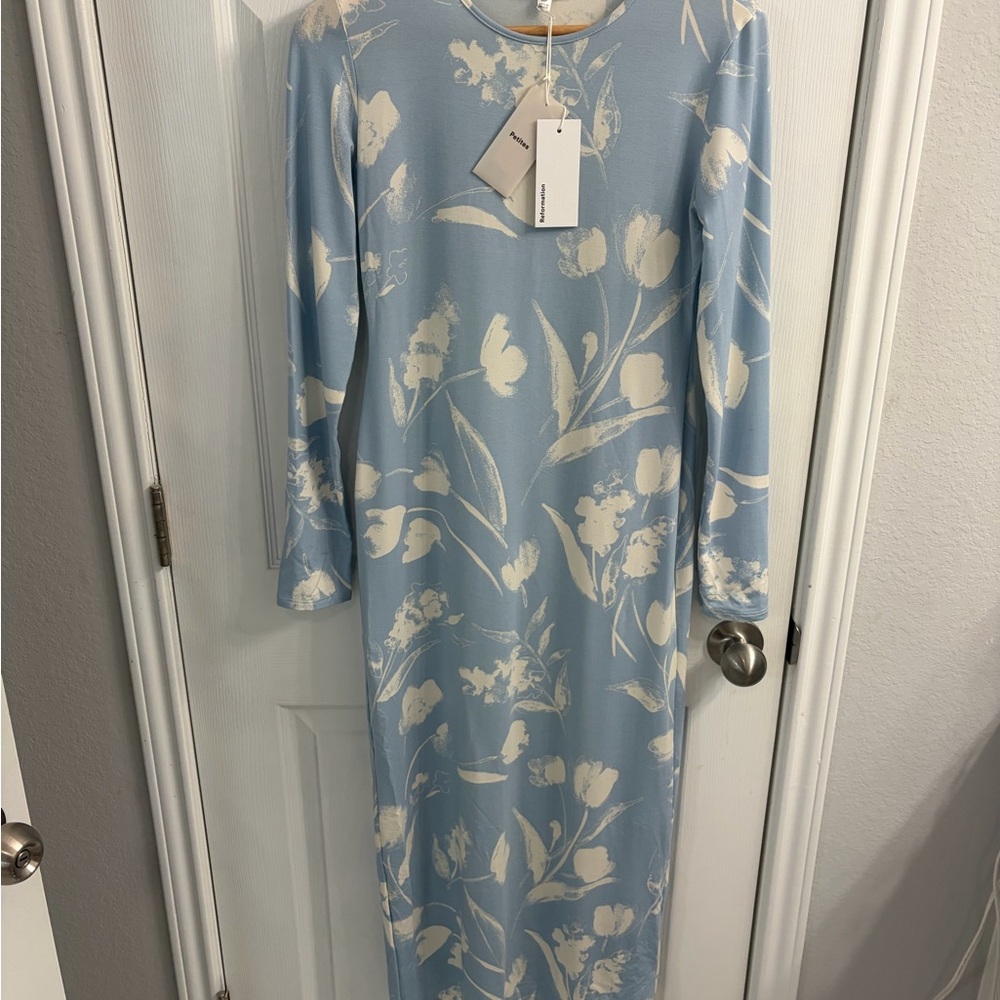 Reformation Blue and Cream Floral Long Sleeve Dress NWT